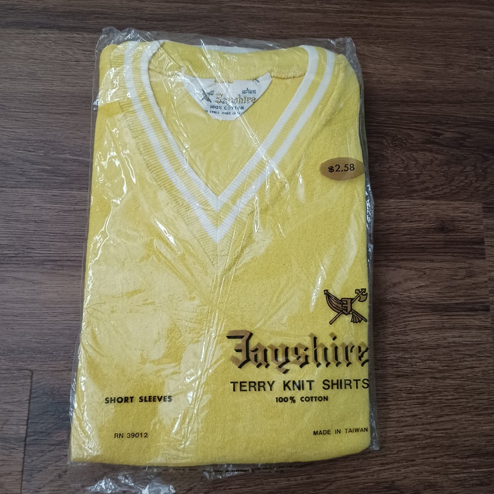 Vtg Jayshire Mens Terry Knit Shirt Yellow V-Neck Striped 100% Cotton RN 39012